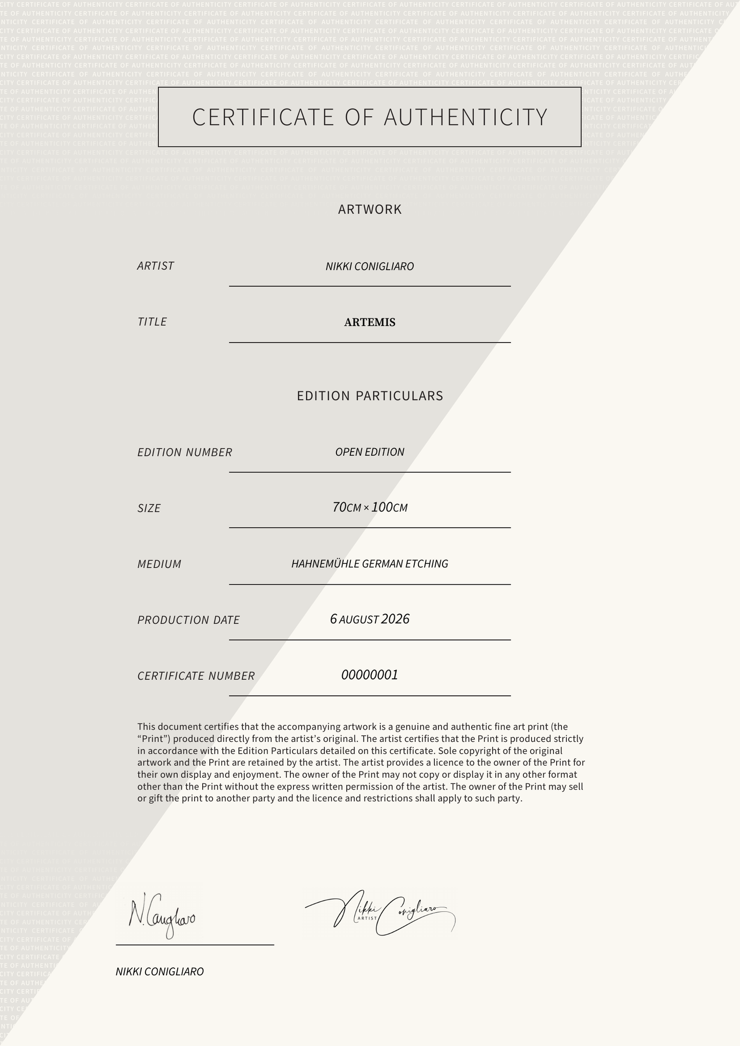 Artemis — Certificate of Authenticity